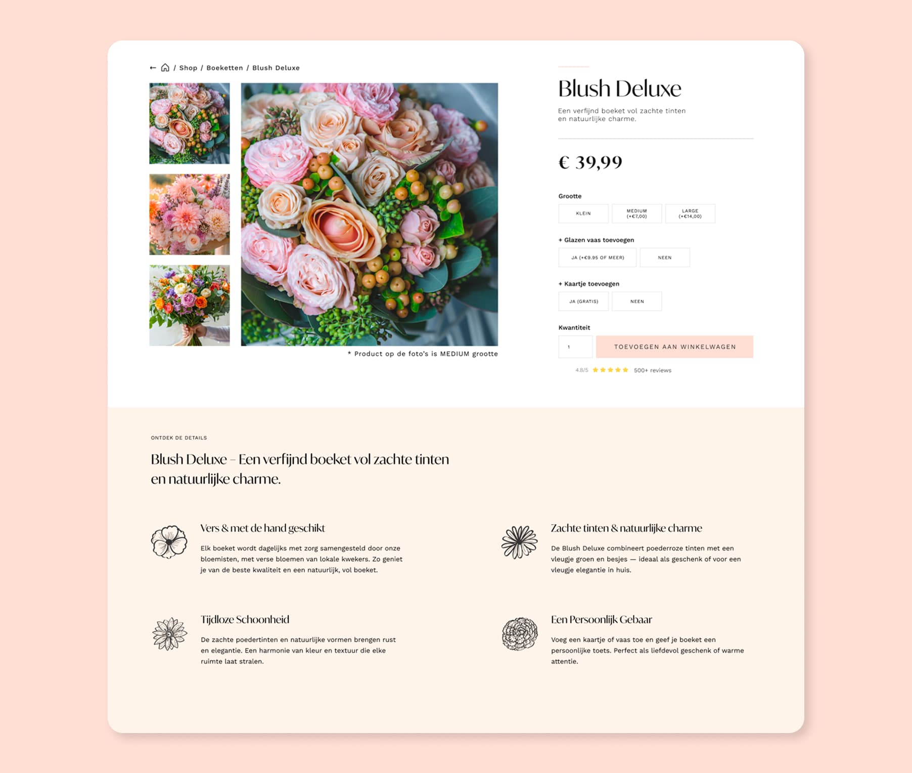 Productpagina van de webshop van David’s Hof met prijsopties
