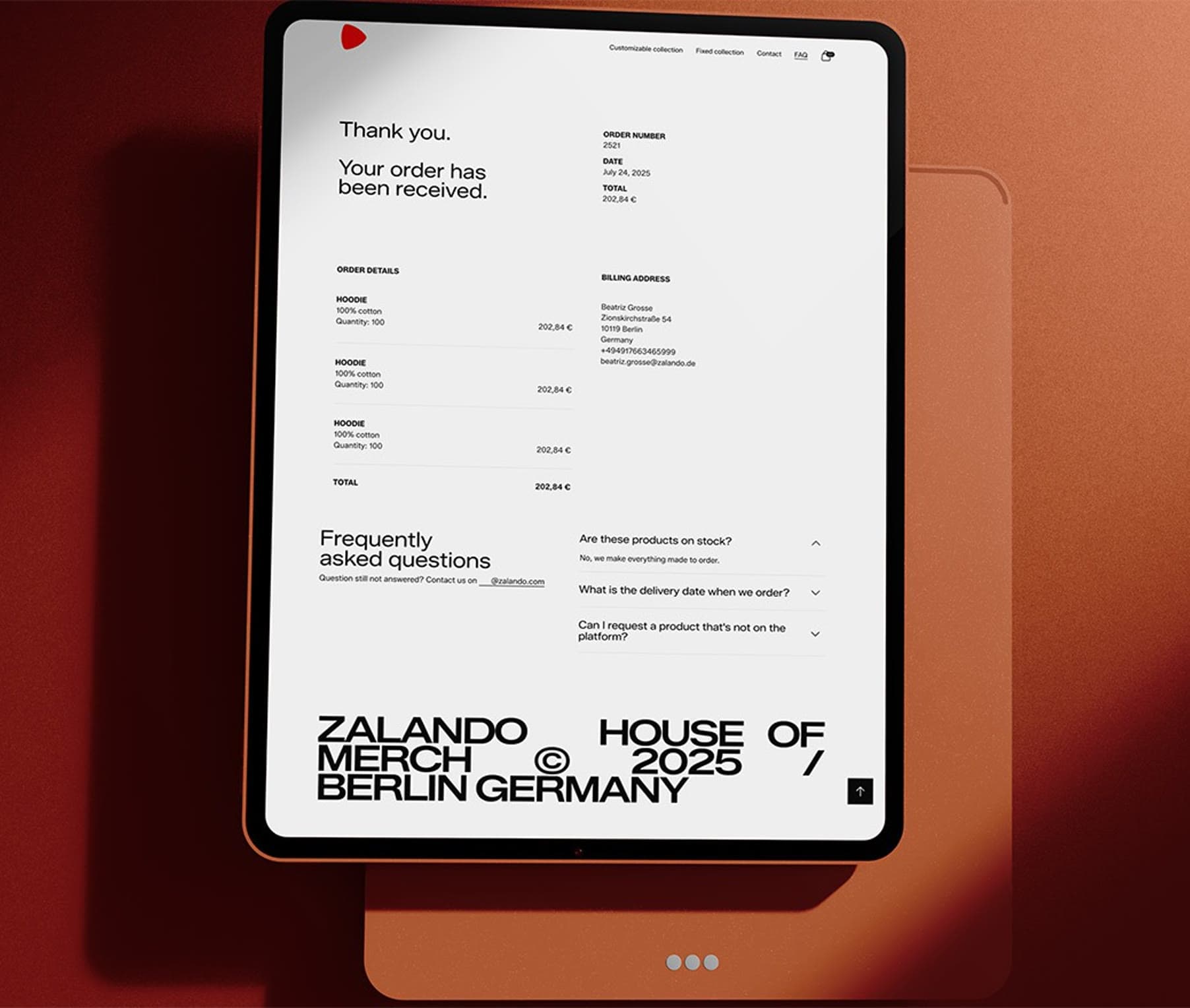 Orderbevestiging van de Zalando merchandise-webshop op een tablet