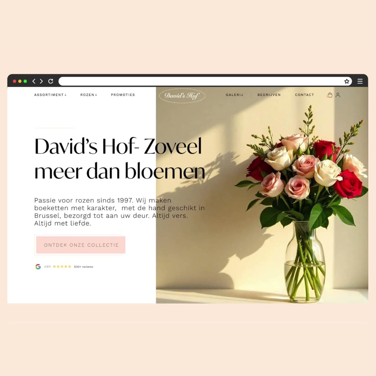 Homepage van de webshop van David’s Hof in een browservenster, met een boeket rozen